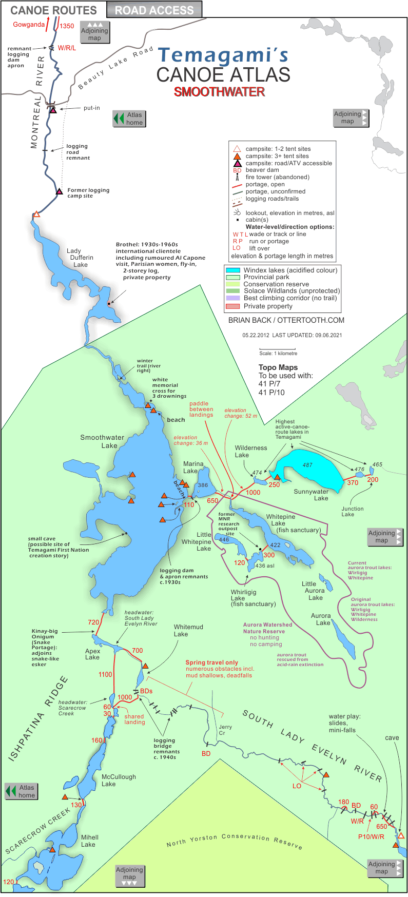 Map: Smoothwater Lake area incl upper Montreal River, upper Scarecrow Creek, South Lady Evelyn River and Sunnywater Lake.