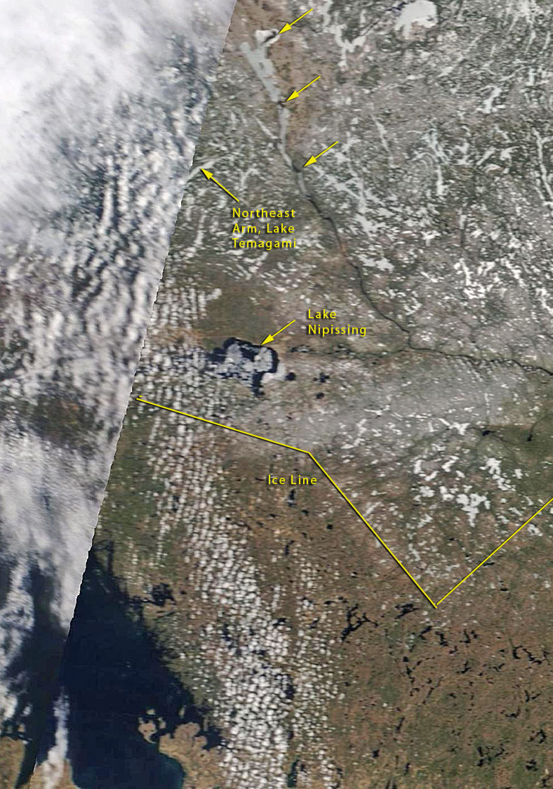 Satellite image of spring break-up on Temagami 2020