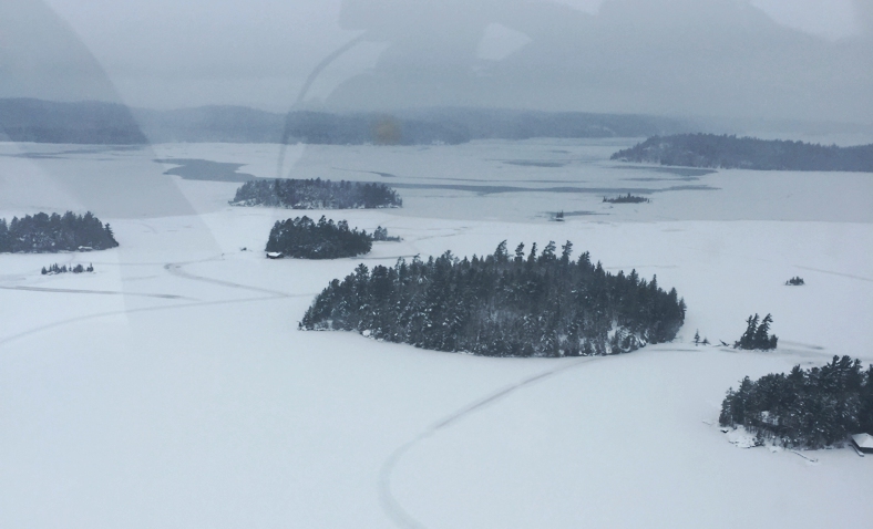 Aerial photo of freeze-up on Lake Temagami 2018